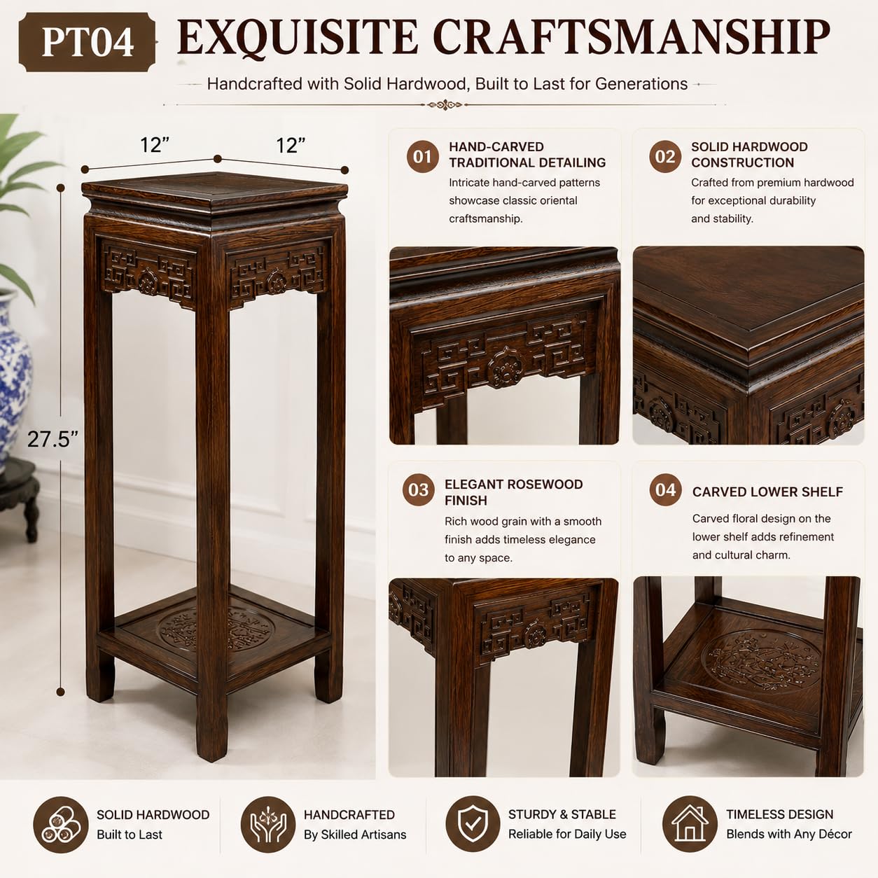 Festcool Rosewood Square Table, Planter Stand Plant Pot Display Stand Lamp Table (27") (Rosewood)