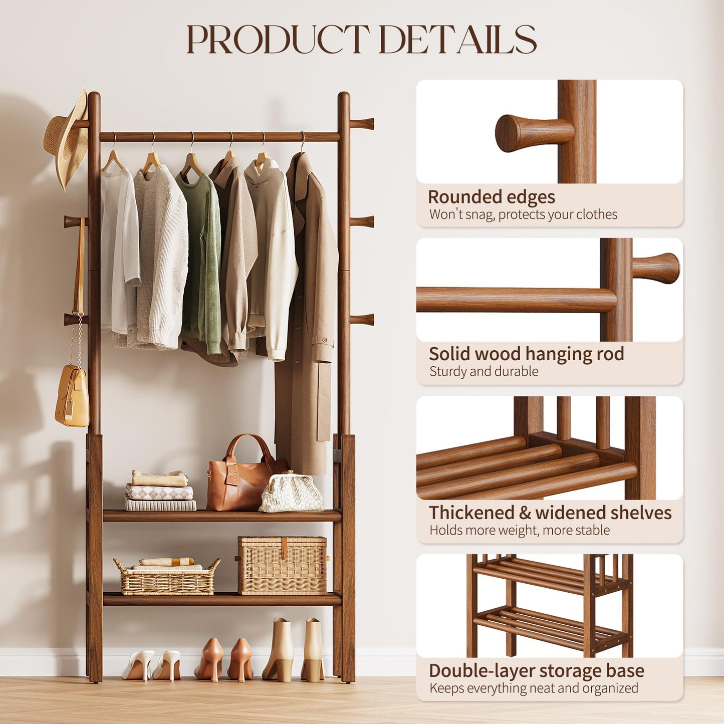 Yoobure Solid Wood Clothing Rack with Shelves - Coat Rack Freestanding with 6 Hooks, 3-in-1 Hall Tree for Hanging Clothes, Tall Garment Racks with Storage for Bedroom, Entryway, Living Room, Closet