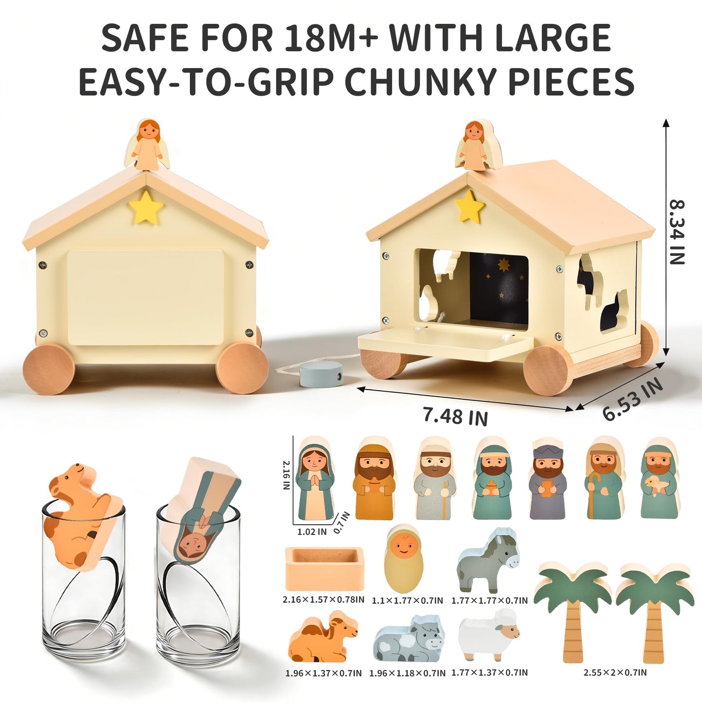 Mauzutta Wooden Nativity Set Montessori Toys for 1 Year Old - Baptism Gifts for Boys Girls - Religious Christening Gift - Bible Toys for Toddlers 1-3 House on Wheels Shape Sorter
