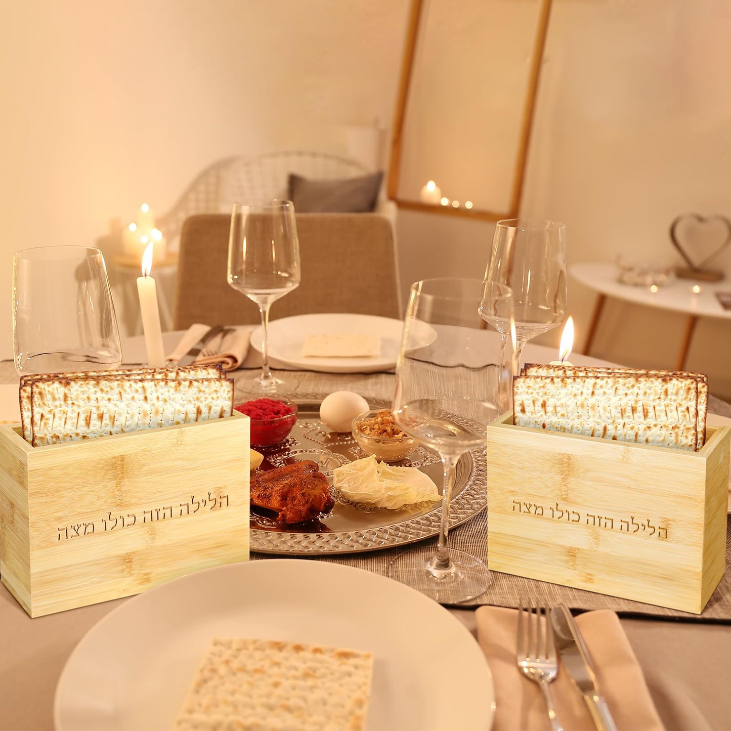 Cinnvoice 3 Pcs Matzah Holder for Passover Seder Matzah Box Decor with Hebrew Letters Wooden Matzo Tray Plates for Jewish Passover Gifts Pesach Seder Table Decorations