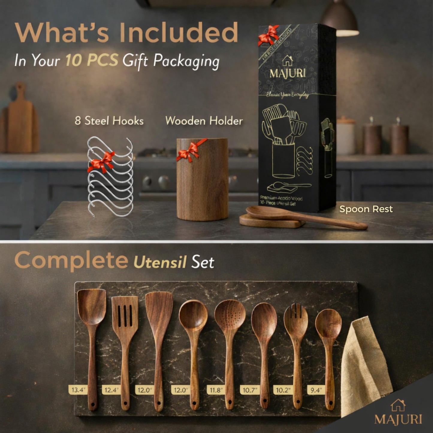 10-Piece Wooden Utensil Set with Holder, Spoon Rest & Hooks – Durable Non Toxic Cooking Utensils - Wooden Spoons for Cooking, Ideal Kitchen Utensil Set for Cooking Enthusiasts & House Warming
