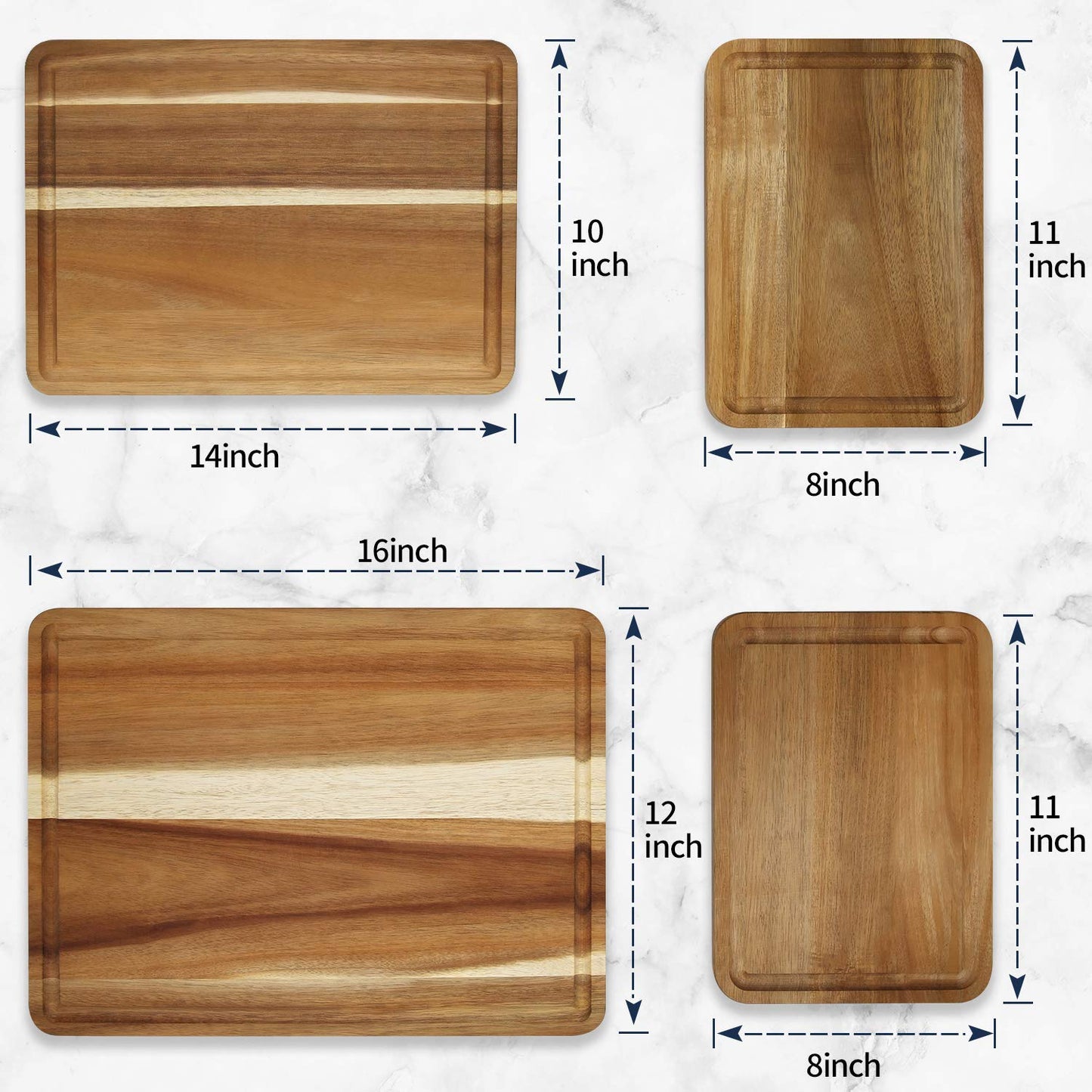 AZRHOM Large Wood Cutting Boards Set of 4 for Kitchen Cheese Charcuterie Board (Gift Box Included) Acacia Butcher Block with Non-slip Mats, Juice Groove and Handles (16x12, 14x10, double 11x8 inch)-4