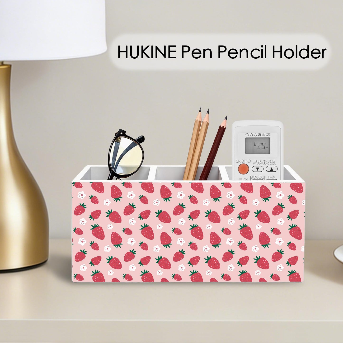 HUKINE Pink Strawberry Pen Holder for Desk Decoration, Preppy Girly Aesthetic Wooden Box Sign Pencil Holder Organizer for Home Office Desk Accessories, Strawberry Gifts for Women Girls