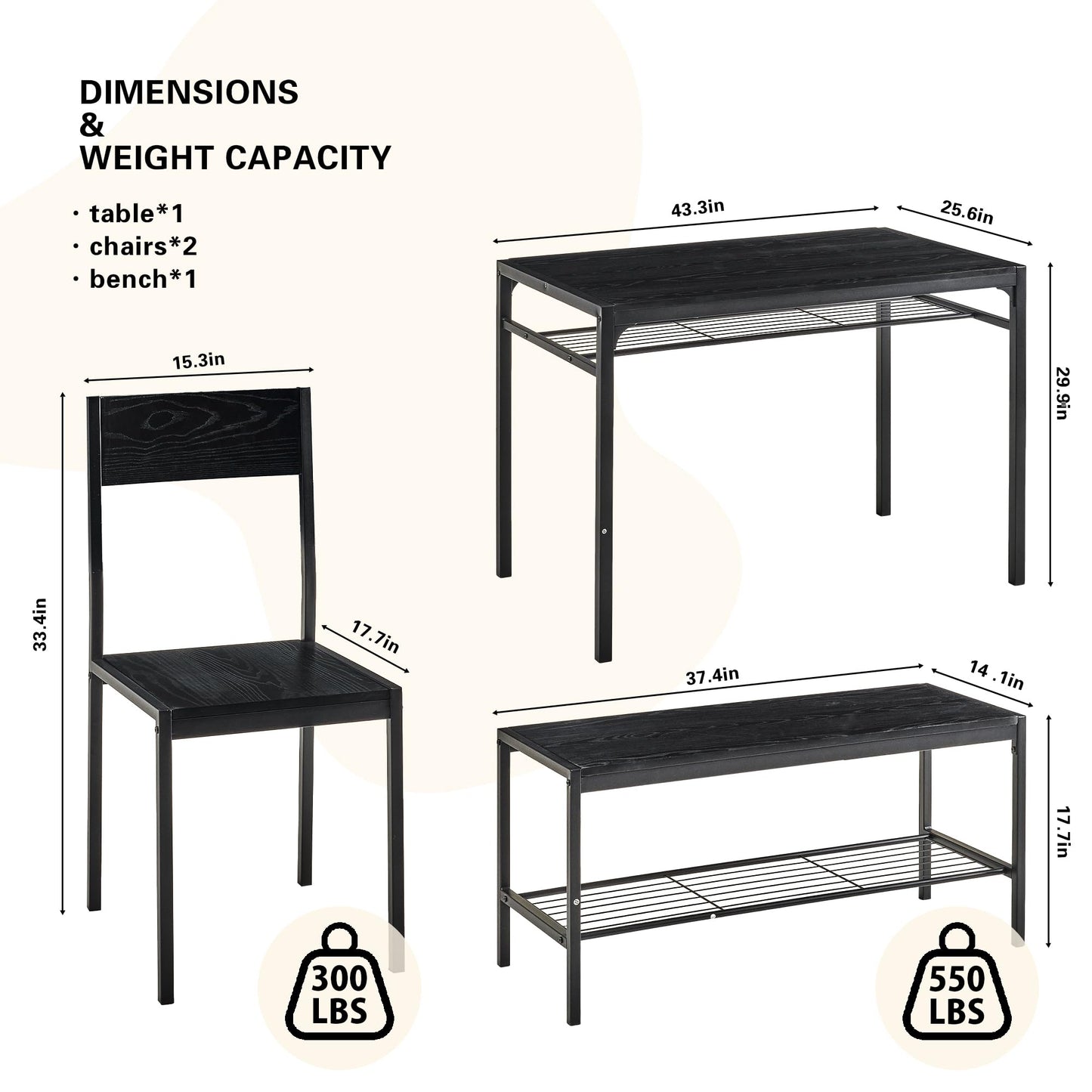VECELO Kitchen Dining Room Table with 2 Chairs & Bench, Compact Space-Saving Design, Easy Assembly Steel Frame, Perfect for Small Apartments & Breakfast Nooks，Industrial