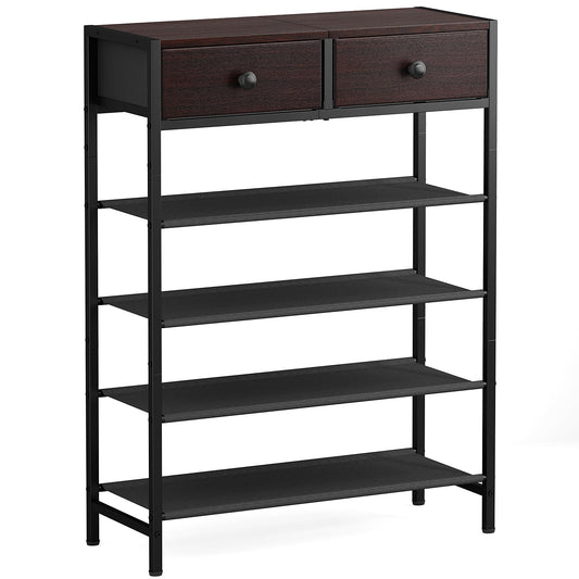 UNITSTAGE Shoe Rack, 5 Tier Shoe Organizer with 2 Drawers, Metal Shoe Storage for 16-20 Pairs of Shoes with Fabric Shelves and Wooden Top, Narrow Shoe Shelf for Closet Entryway Dark Brown