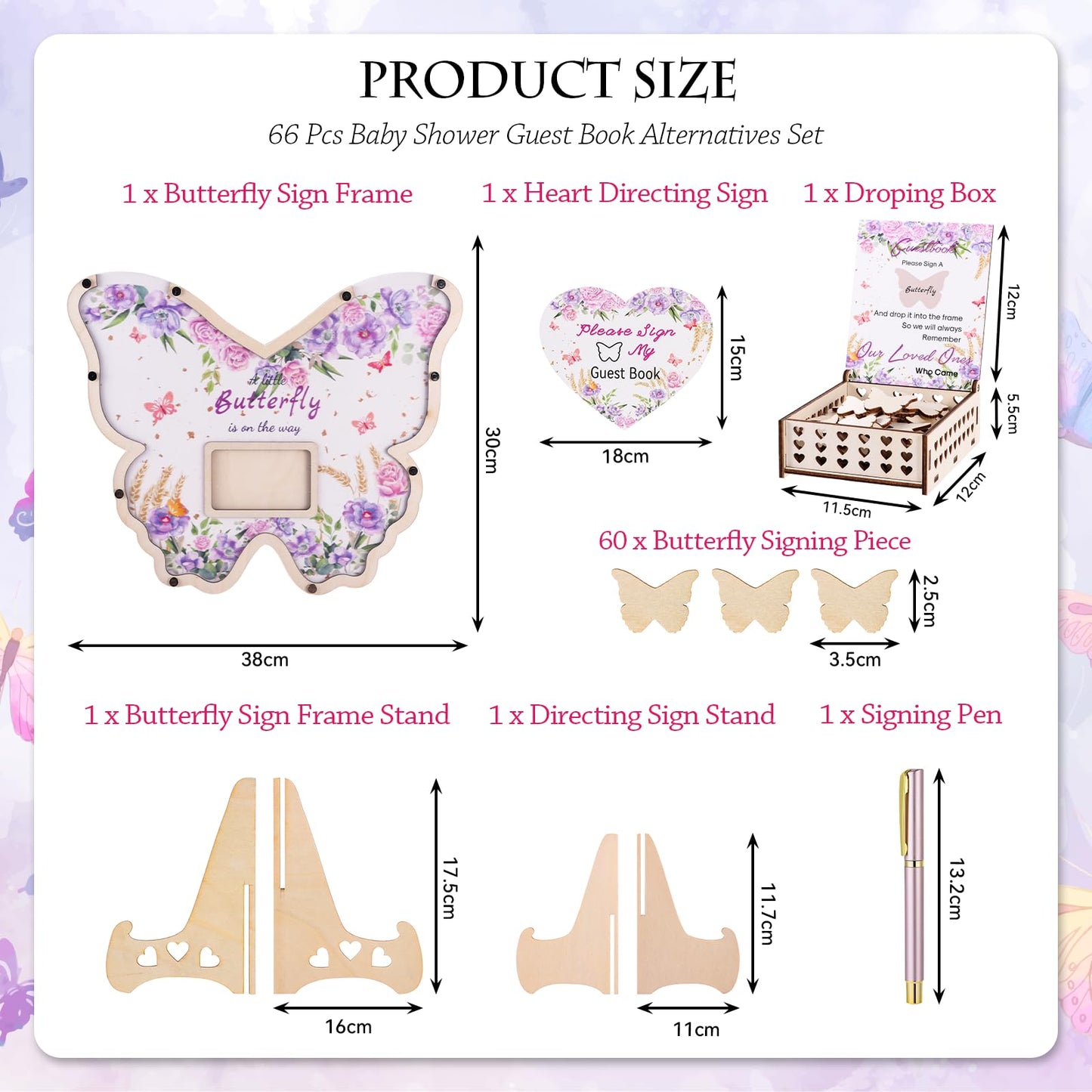 66pcs Butterfly Baby Shower Guest Book Alternative Wooden Guest Sign in Butterfly with Sonogram Photo Frame Butterfly Floral Guestbook Pregancy Keepsake Gender Reveal 1st Birthday Party Decorations