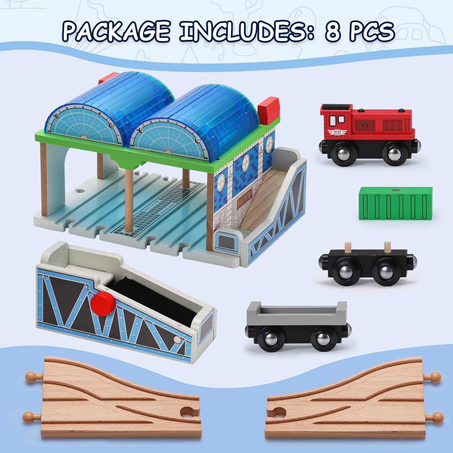 SainSmart Jr. Wooden Train Track Accessories - Premium Train Station with Double-Track Tracks and Conveyor Belt Fit for All Major Brands, Ideal Gift for Aged 3+