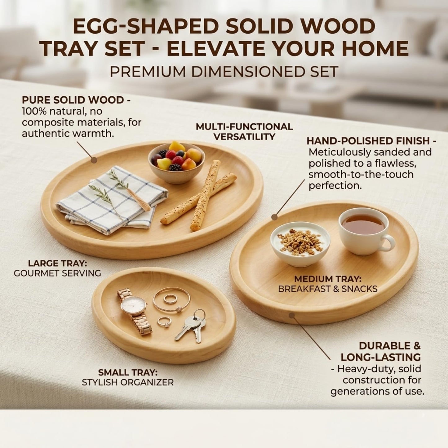 Wood Trays 3 Piece Set Decorative Wooden Serving Platters, Round Rustic Decor Trays for Coffee Tea Candle Food Dessert Snack Fruit Perfume Vanity, Oval