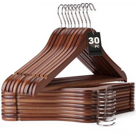Korpai 30 Pack Wooden Hangers,Wooden Clothes Hangers with Smooth Pant Bar and Shoulder Notches,Heavy Duty Hangers with 360-Degree Rotatable Hook, Coat Hangers for Coats,Shirts,Dress,Pants,Walnut