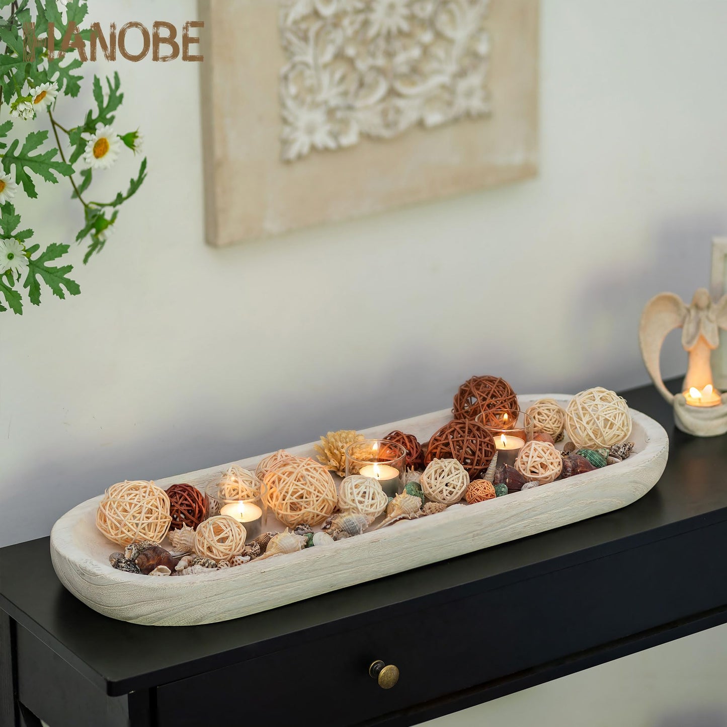 Hanobe Decorative Bowl Large Wooden: 25.5" Extra Long Wood Dough Bowls for Entry Way Table - Farmhouse Coffee Table Decor - Rustic Dining Table Centerpiece Decor, White