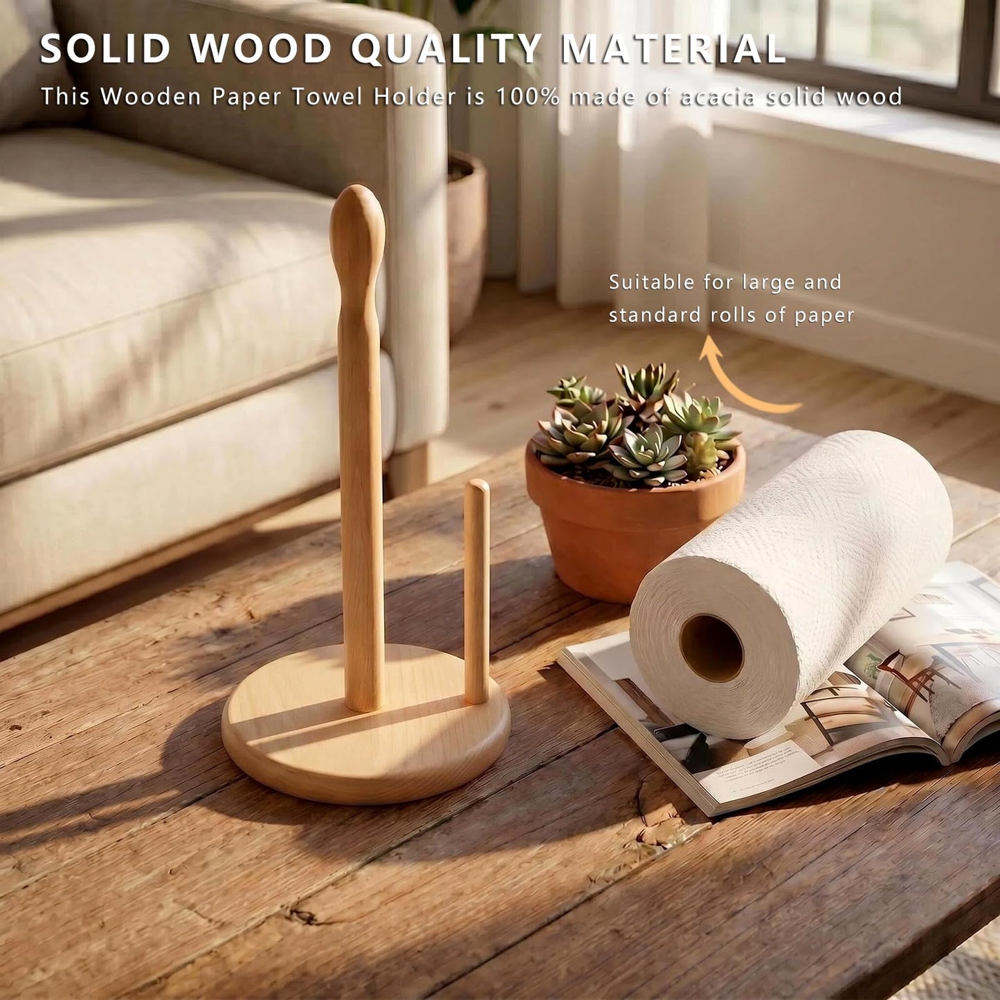 JURHSDEGD Wooden Paper Towel Holder – Weighted Wide Base, Fits Jumbo & Standard Rolls, One-Hand Tear, Kitchen Countertop Organizer