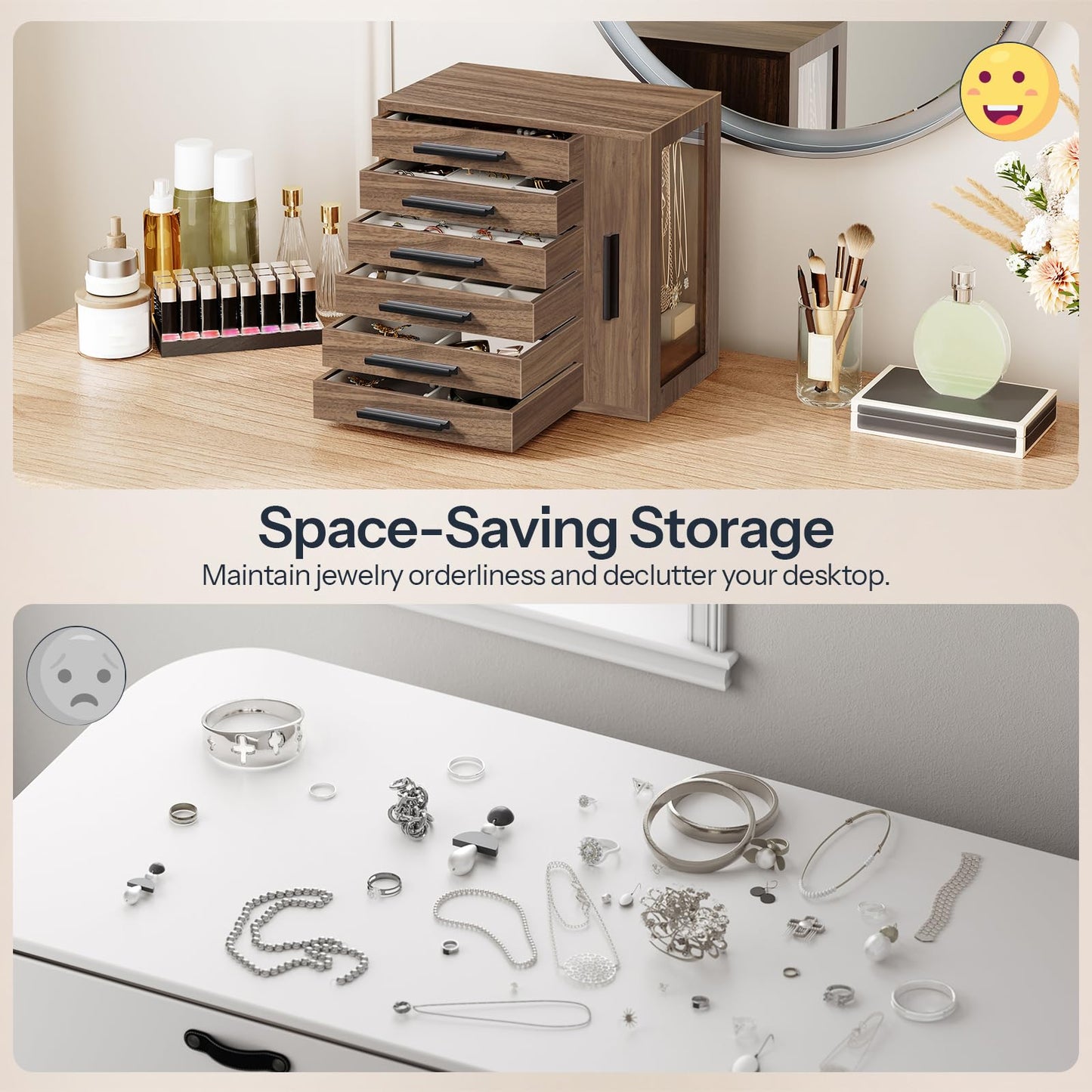 HOOBRO Jewelry Box for Women, Jewelry Organizer Box, 6-Tier Wooden Jewelry Box and 360° Rotating Jewelry Box with Mirror, Jewelry Organizer with 4 Drawers Bundle, BH12JB04-BH31JB04