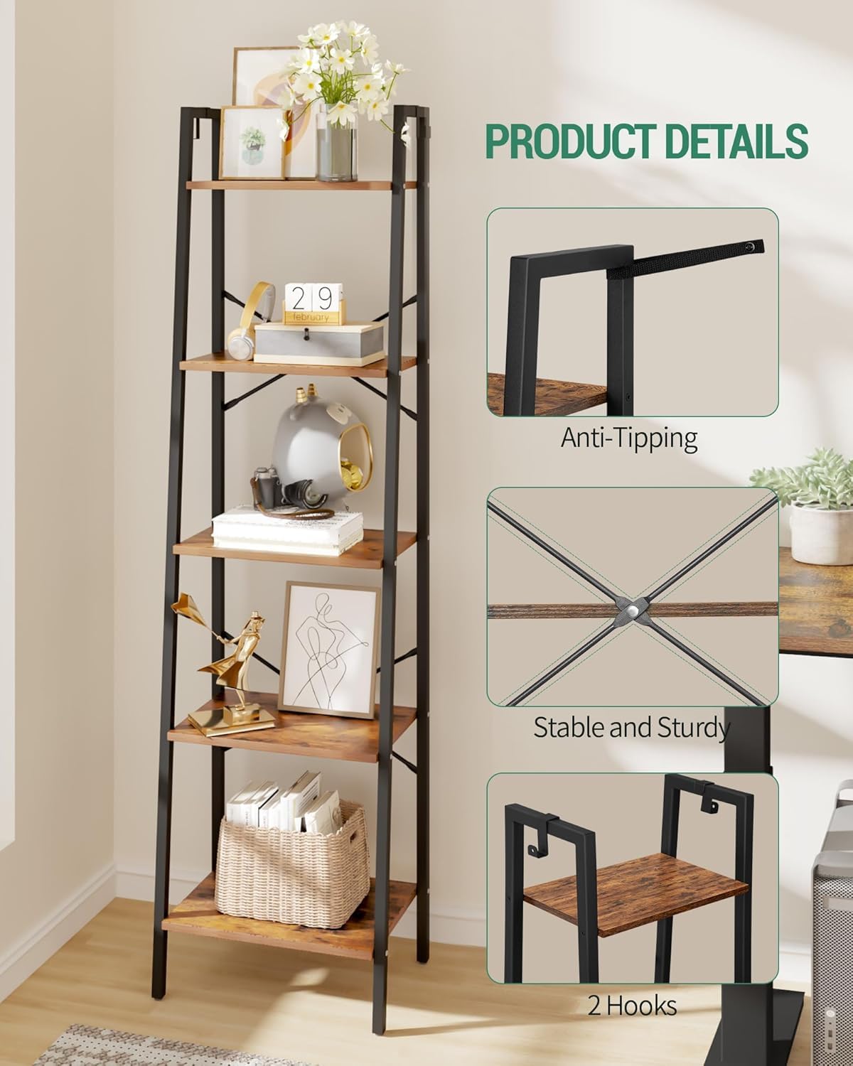 Hzuaneri Ladder Shelf, Bookshelf Bookcase, Freestanding Corner Storage Shelve with 2 Hooks for Home Office, Living Room, Kitchen, Bedroom, Industrial, 11.8" D x 17.3" W x 63" H, Rustic Brown BC19201B