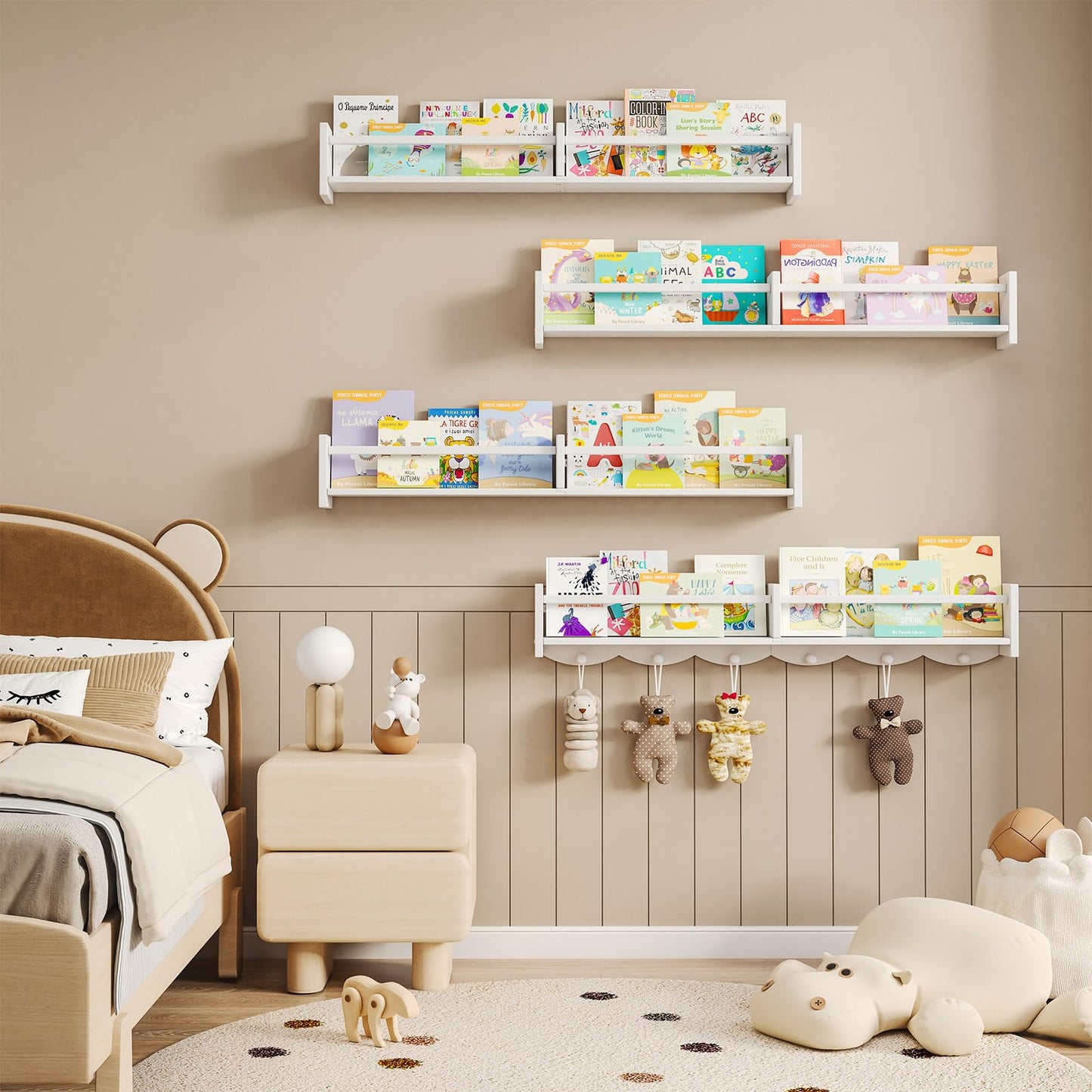 ECOOCE 34Inch Nursery Bookshelves,Set of 4,Wall Floating Shelf Kids Coat Rack with 6Hooks,Hanging Book Shelf for Baby Nursery Room Décor ，Patent Number: 29958098(White, 34)