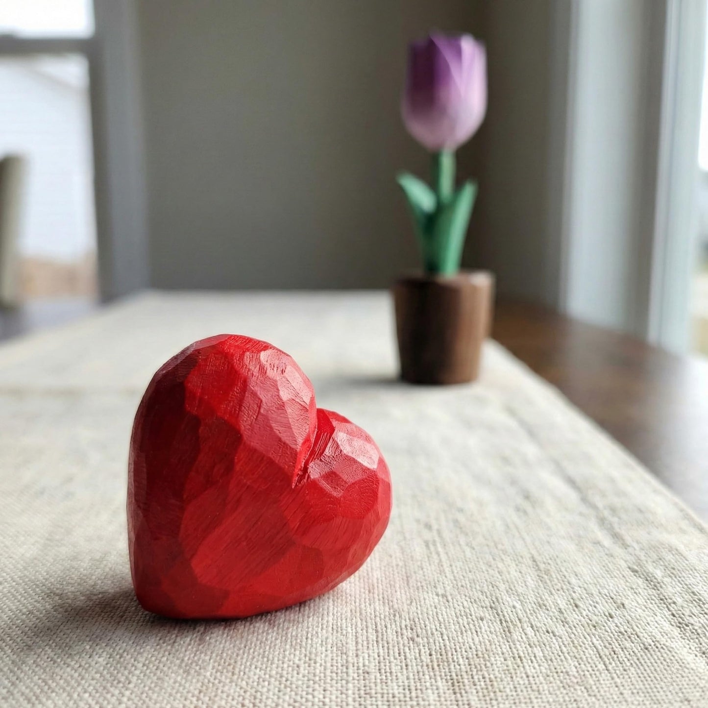 Hand Carved Wooden Tulip Flower with Red Heart Figurine in Gift Box - Everlasting Wood Sculpture for 5th, Valentine’s Day - Painted Faceted Floral Art (Lavender Purple)