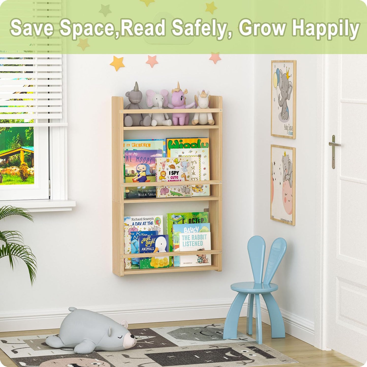 Bidami Wall Bookshelf for Kids, 3 Tier Kids Bookshelf Wall, 16.5 inch Floating Book Shelves for Nursery, Great for Bedroom, Living Room, Play Room and Nursery.