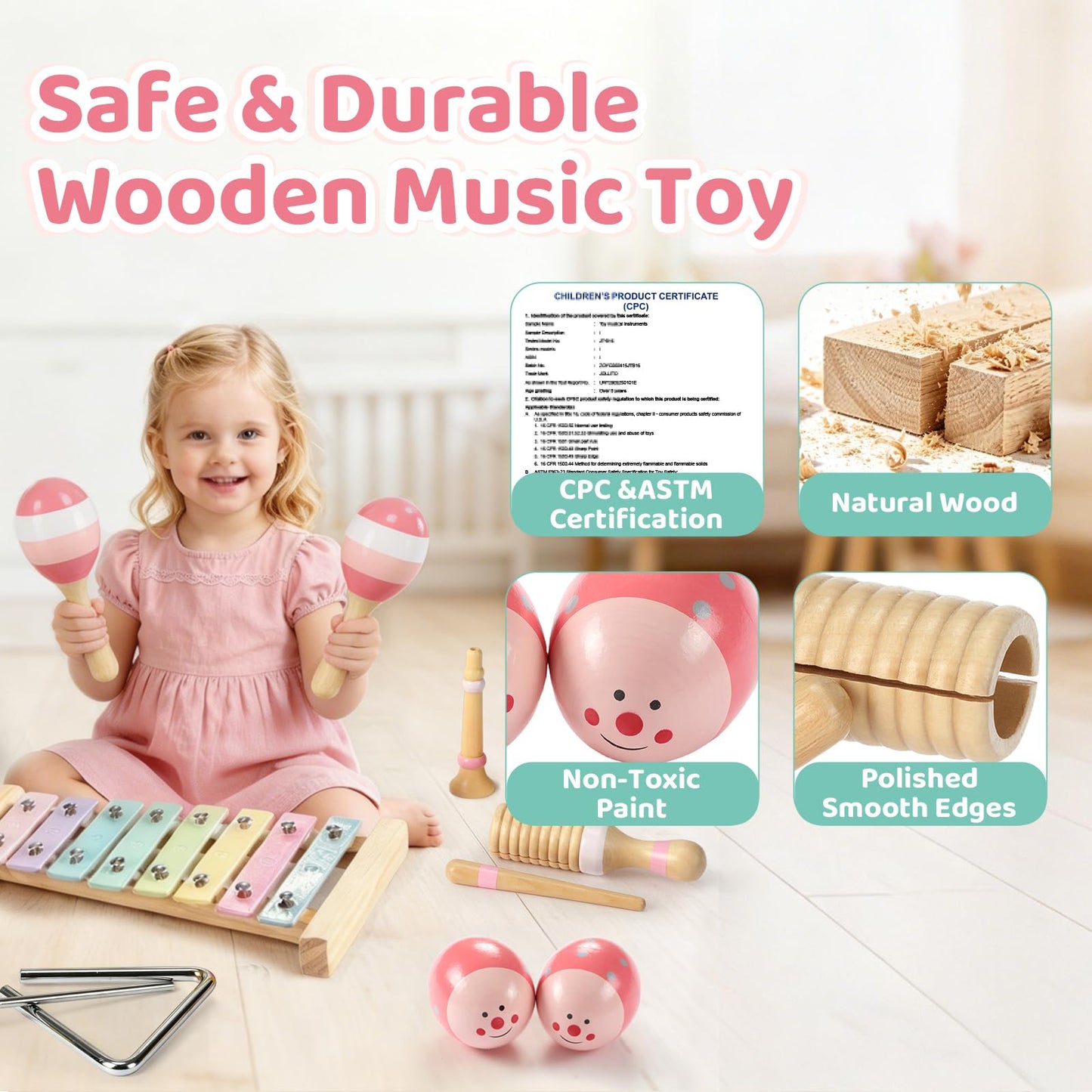 JOLLITO 9-Piece Kids Musical Instrument Set, Wooden Montessori Percussion Toys for Toddlers 1-3, Macaron Pastel Colors Xylophone Tambourine Maracas with Storage Bag, Preschool Educational Gift