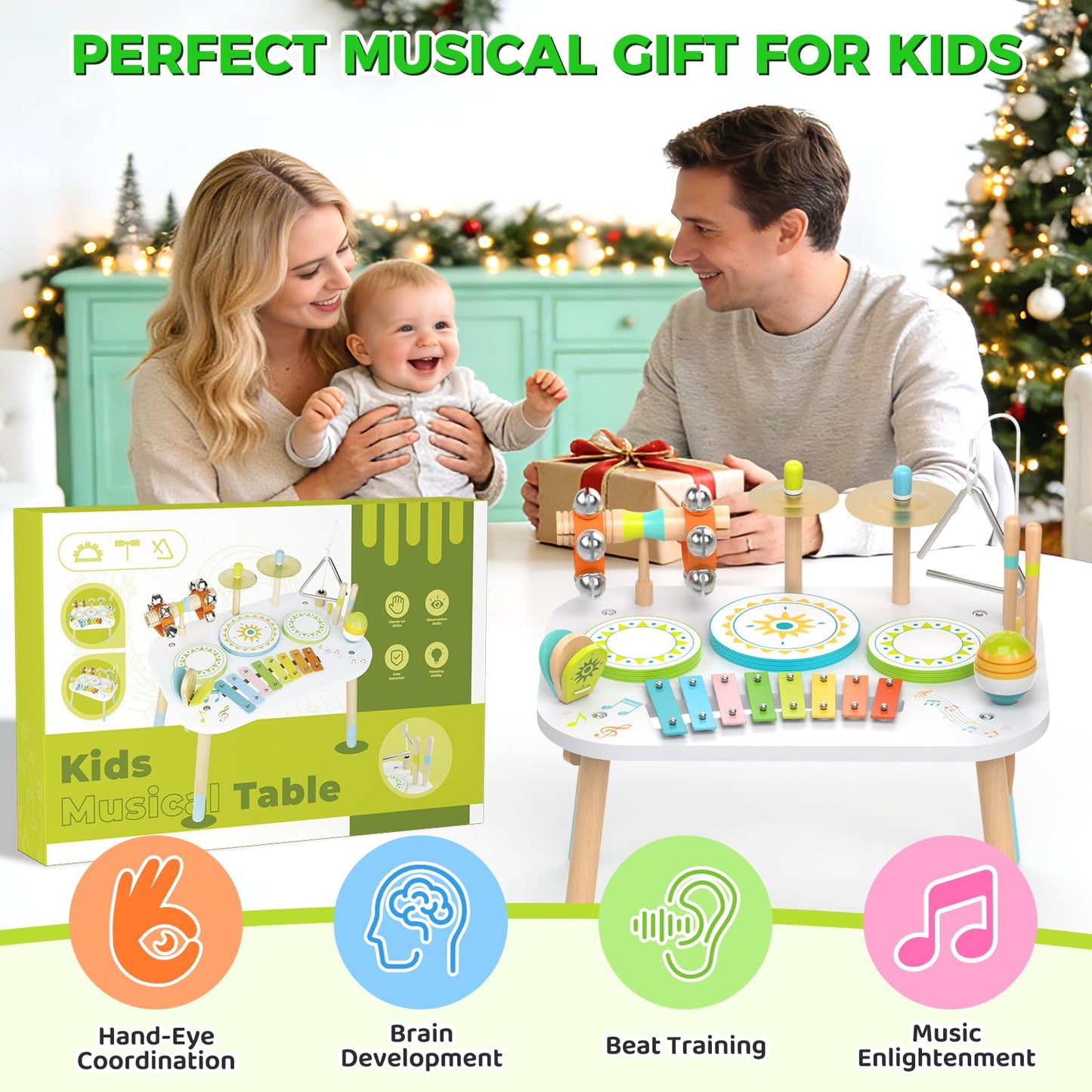 12-in-1 Drum Set for Toddlers 1-3, Wooden Baby Musical Instruments