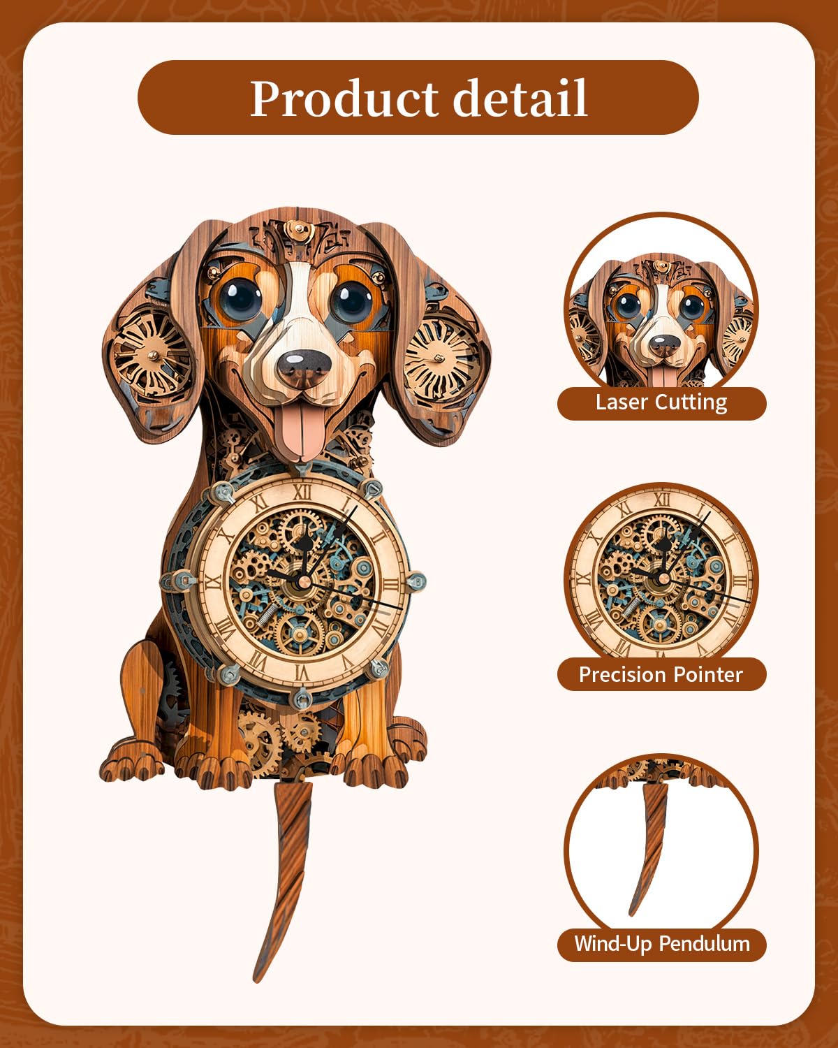 3D Wooden Puzzles for Adults, Dachshund Clock with Pendulum Model Kit, 3D Puzzles for Adults Room Home Decor DIY Wall Clock Kit, Holiday Birthday Christmas Day Gifts for Men Women Teens