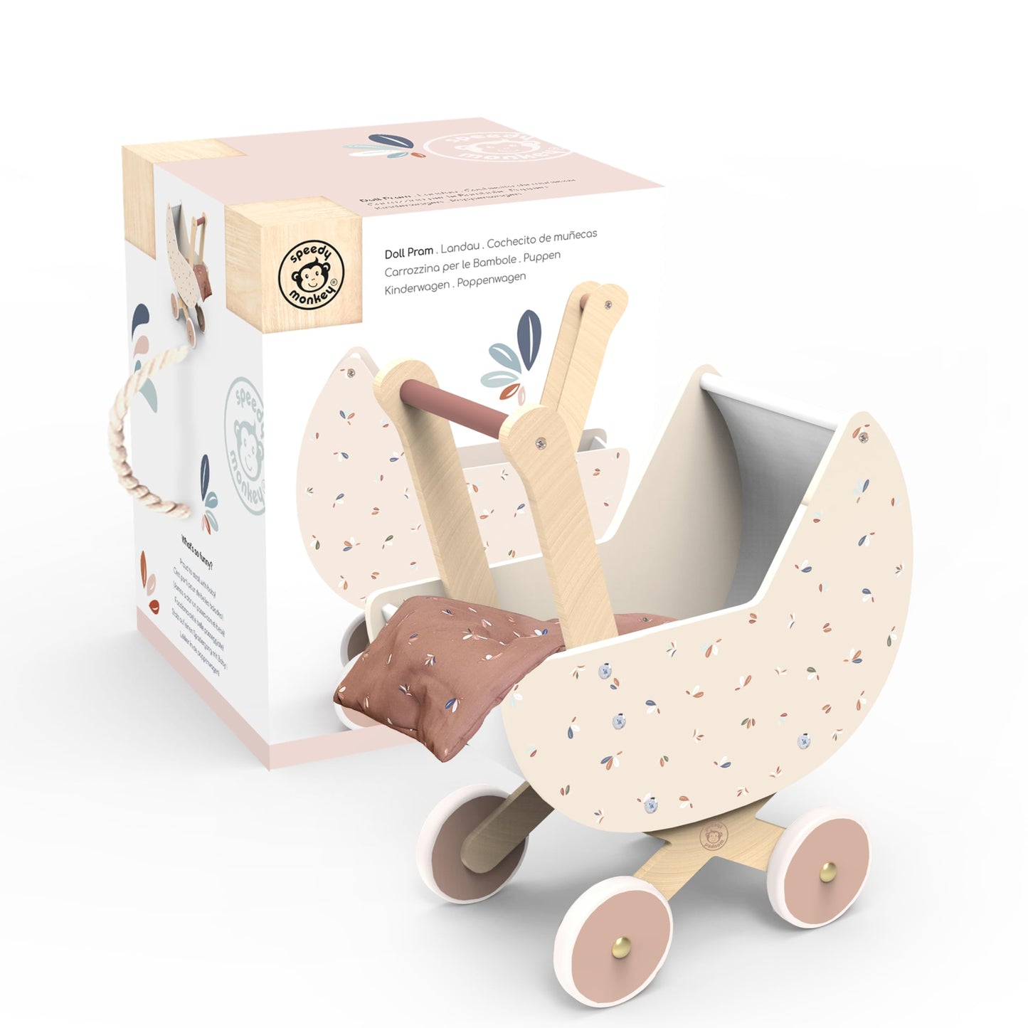 SPEEDY MONKEY Flowers Cottage Wooden Playset with Doll Pram & Doll Play Set | Wooden Baby Doll Stroller with Rabbit Baby Doll Playset with Feeding Accessories | Role Play Gift Set for Girls & Boys