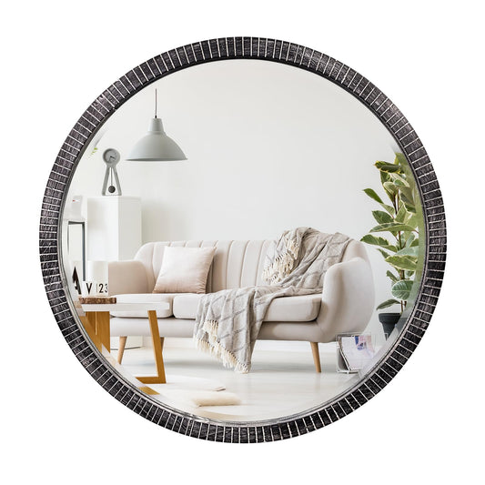 GIFTTROVE 35" Round Wood Mirror, Rustic Circle Wall Mirror with Beveled, Wooden Round Mirrors for Wall Decor, Decorative Wall-Mounted Mirrors for Entryway, Living Room, Washed Black Frame