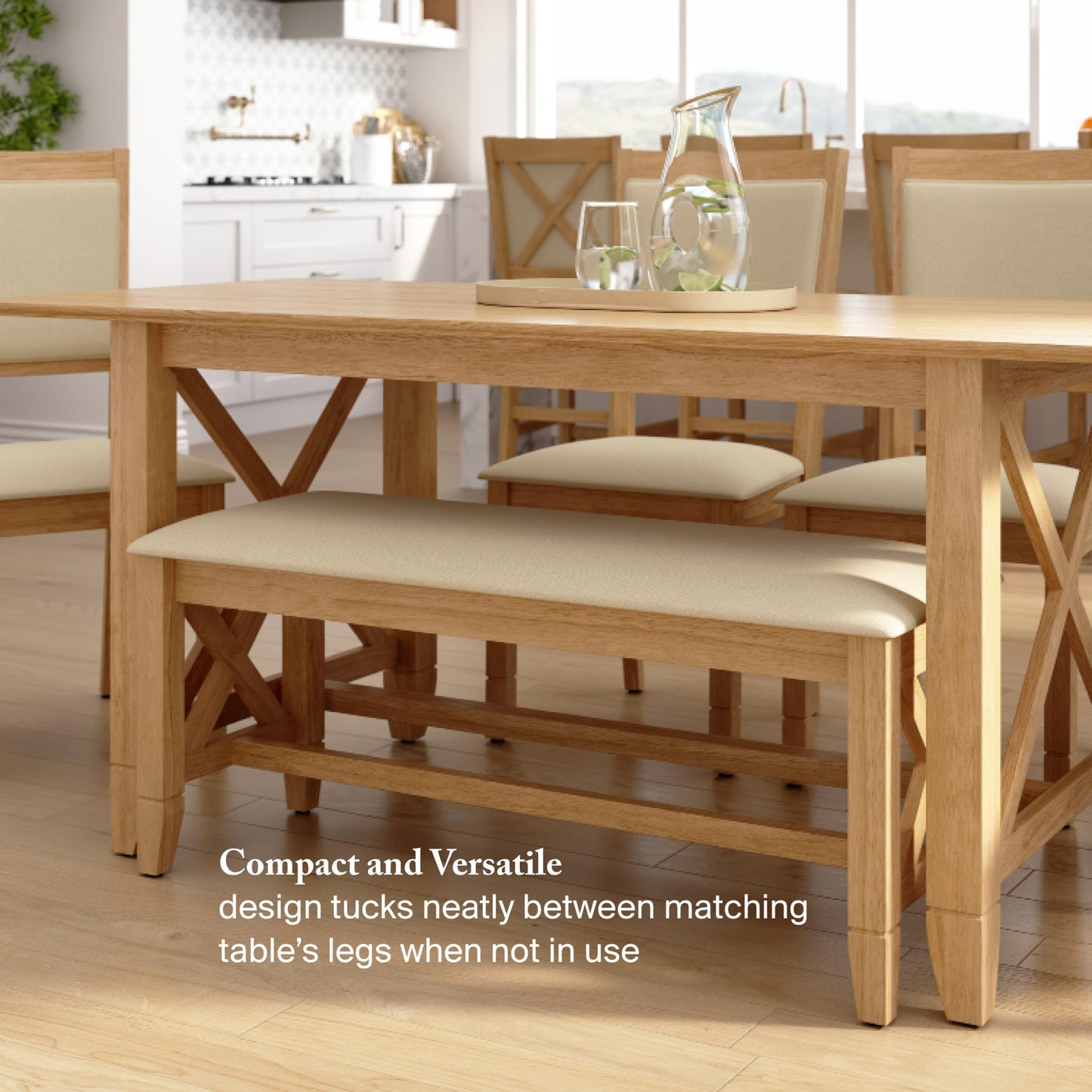 Bush Home 44-Inch Upholstered Dining Room Bench, Farmhouse Wooden X Design, Cushioned Seat for Kitchen Table or Entryway, No Table, Key West Collection, Blonde Oak and Bright Beige Fabric