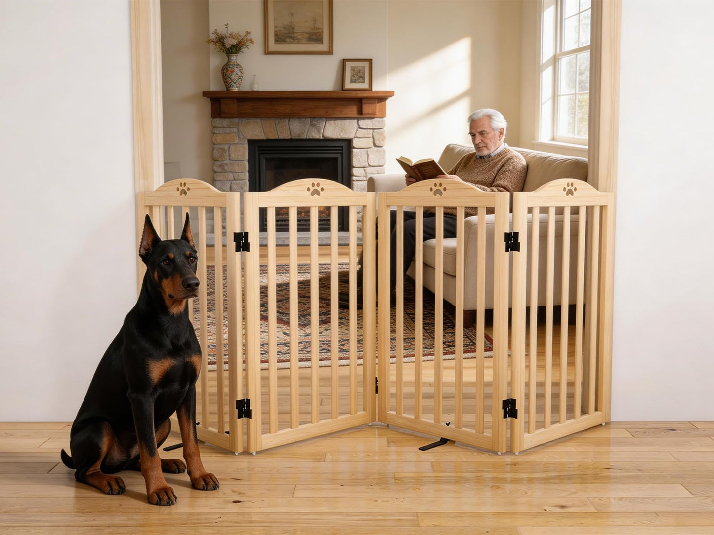 Oapety Wooden Dog Gate Indoor, 31.5" H Freestanding Doggy Gate, No-Painted Folding Cute Puppy Fence for Doorways Stairs Hallways, 4 Panels