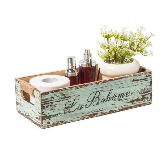 TIMRIS Farmhouse Distressed Wooden Storage Box, Rustic Bathroom Decor Box, Decorative Toilet Tank Basket, Vintage Countertop Organizer Box with Handles (Distressed Green)