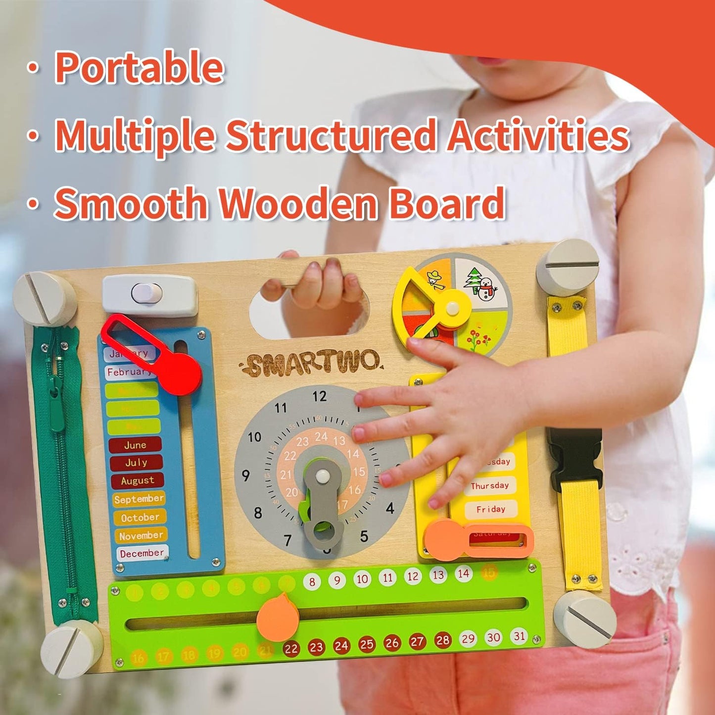 Smartwo Montessori Busy Board for Toddlers 3-5, Large Wooden Sensory Board with 20+ Learning Activities, Fine Motor Toy, Double-Sided Travel Busy Board for Preschool Boys & Girls