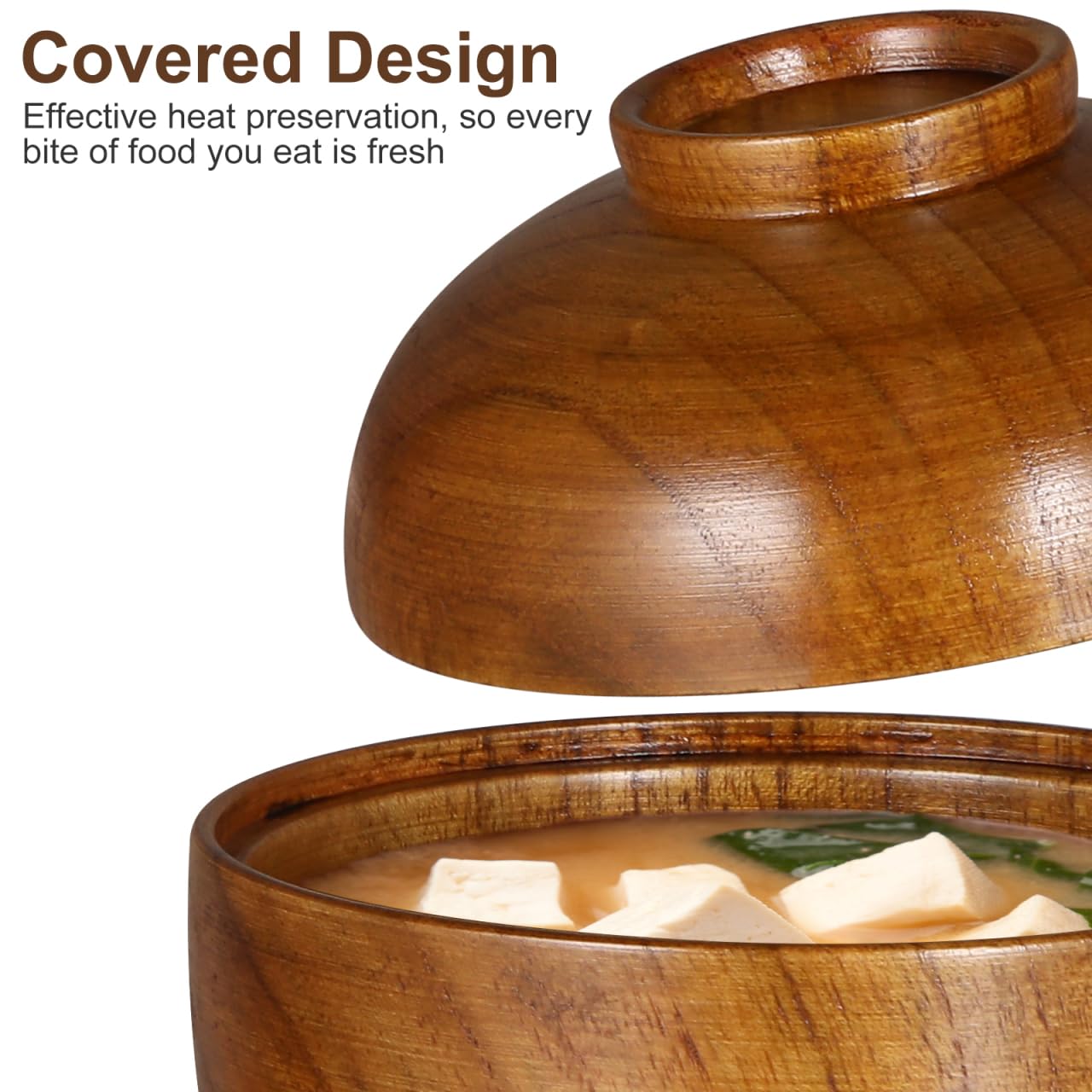 Luxshiny Miso Soup Bowls with Lid Set of 2: Wooden Soup Bowls for Home Kitchen Restaurant - 3.93x3.54x3.54inch