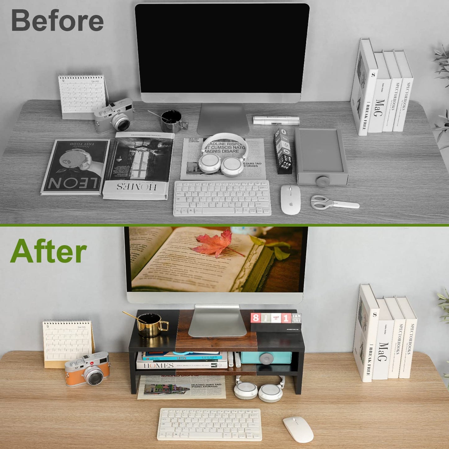 TEAMIX 42 inch Dual Monitor Riser+2 Tiers 20 Inch Wooden Desktop Monitor Stand Riser Printer for Desk Office Organization