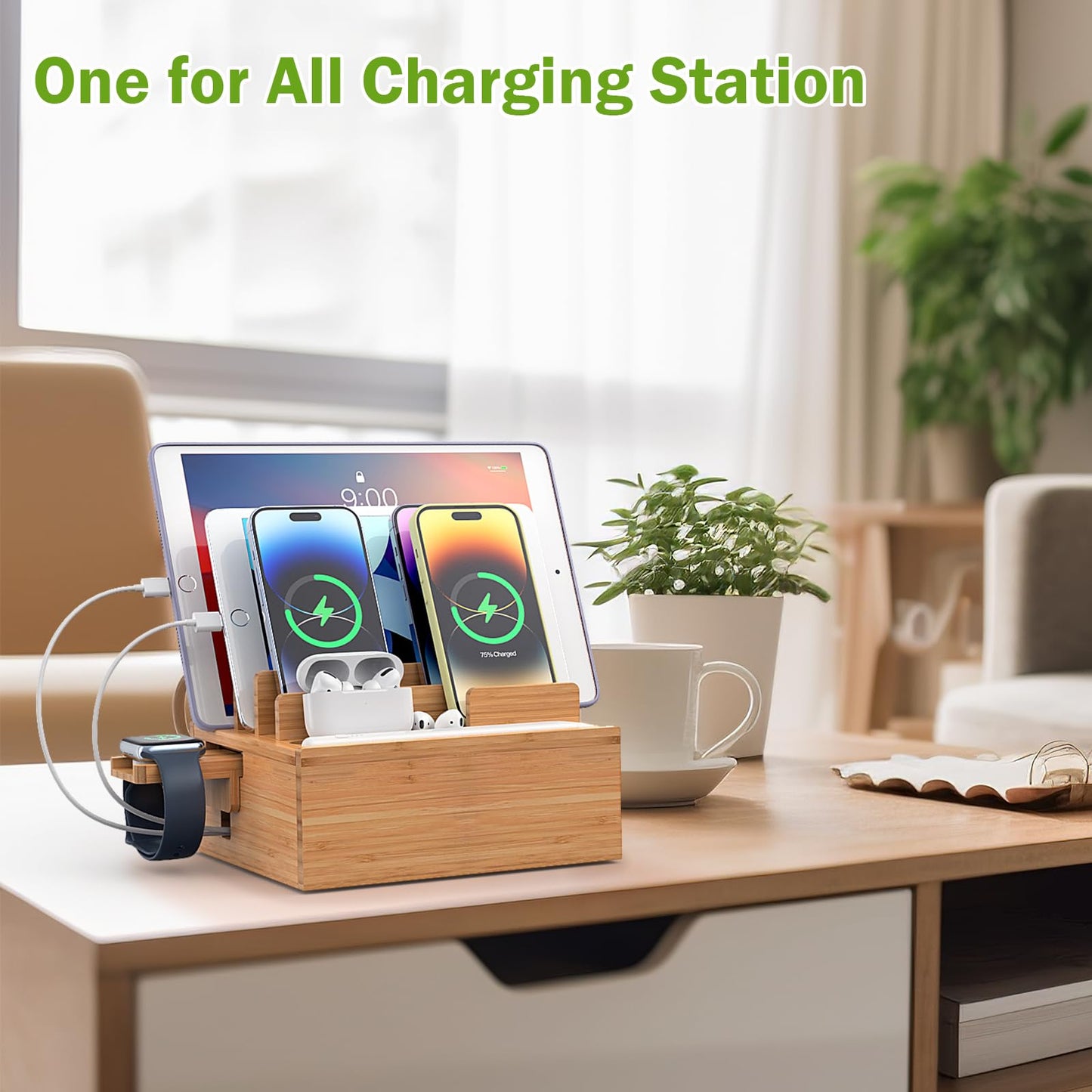 Pezin & Hulin Bamboo Charging Station Holder with 5 Port USB Charger, 5 x Charge Cables, Watch Stand, Wood Docking Stand Electronic Organizer for Multiple Devices, Phones, Tablets and Earpods