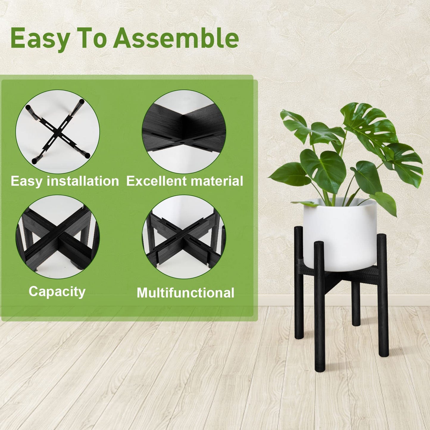 BESHOF 2 Pack Bamboo Plant Stands, Adjustable Plant Stand Indoor, Mid Century Modern Plant Stand, Plant Holder for Living Room, Balcony Fits 8 to 12 Inches Pots (Black)
