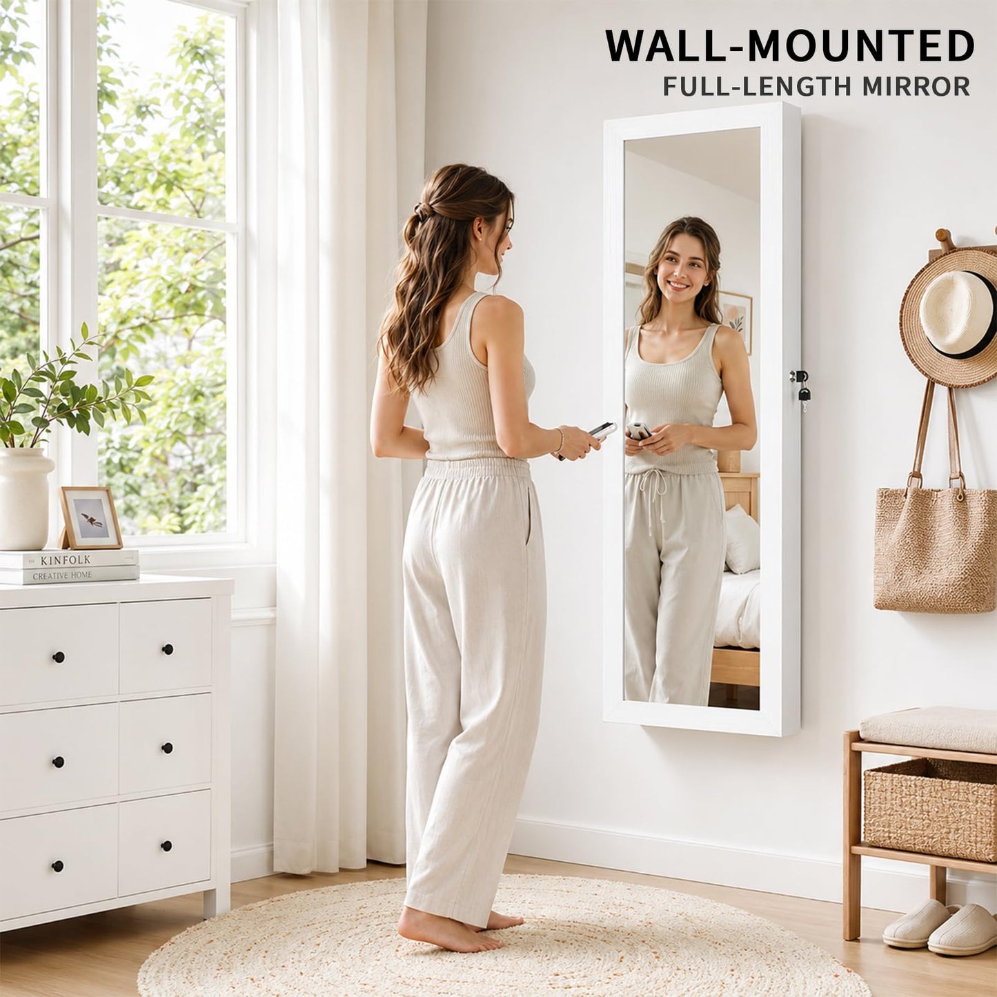 JOYUSAEN Over the Door Jewelry Organizer, Wall Mounted Jewelry Cabinet, Hanging Mirror with Storage Box, Wall/Door Mounted Full Length Mirror with LED