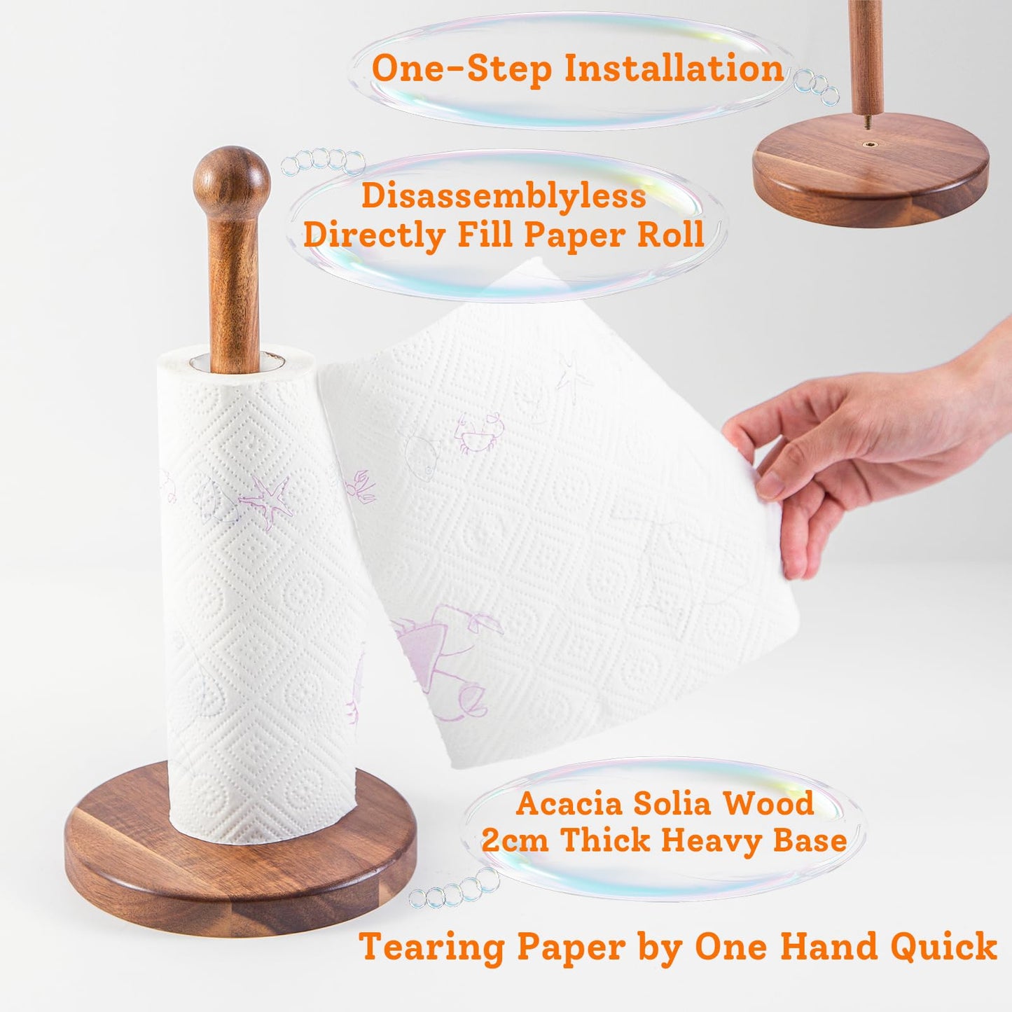 14" Acacia Wooden Paper Towel Holder, Wooden Paper Towel Roll Stand 6.7" Large Heavy Base Organizer Standing, Rustic Farmhouse Paper Towel Holder Stand, Paper Towel Roll Holders Free Standing SGL