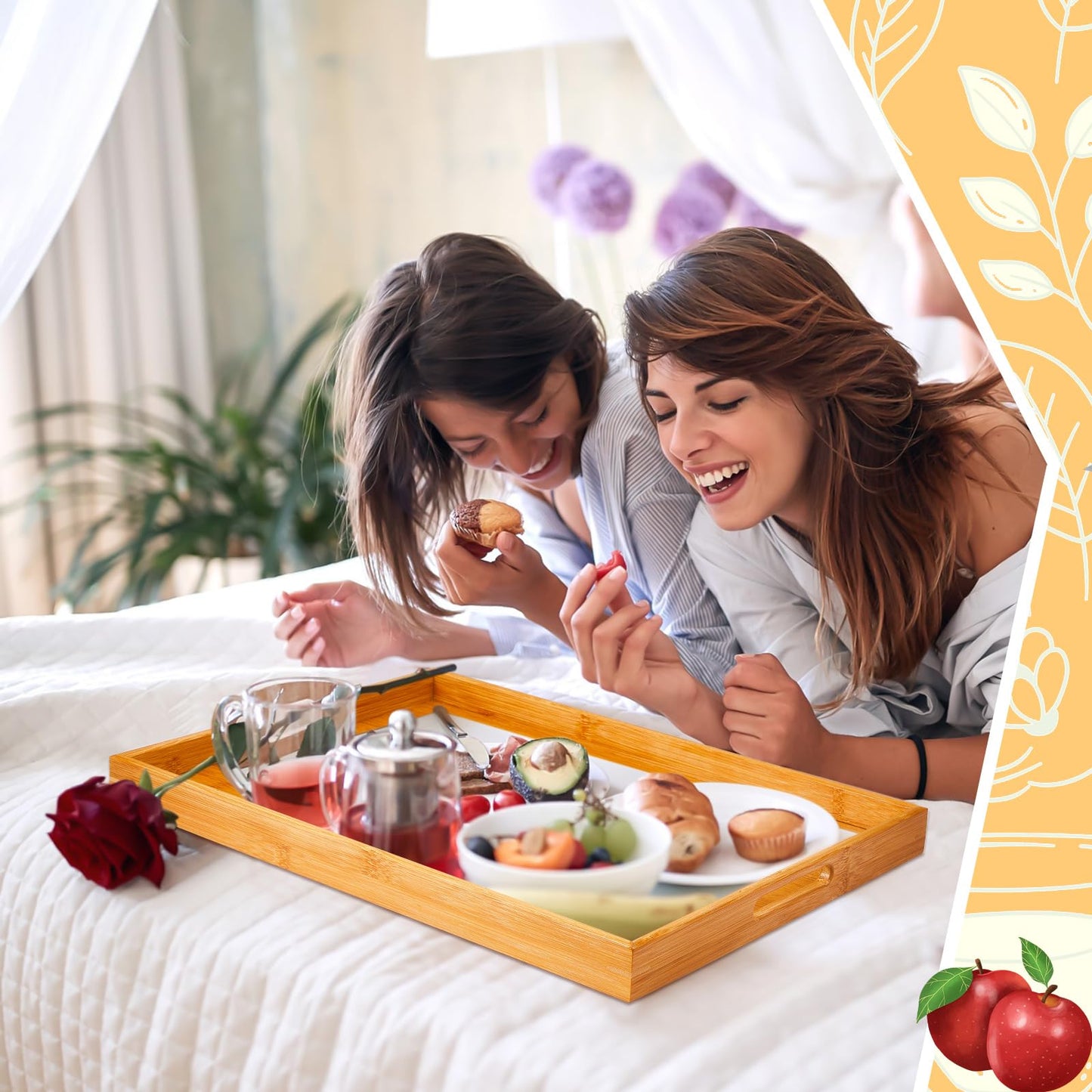 Geelin 4 Pcs 18 x 13 x 1.4 in Large Bamboo Serving Tray with Handles Rectangular Wooden Breakfast Tray Dinner Tray Decorative Coffee Tea Platter for Living Room Bedroom Kitchen Dinner Table Outdoors