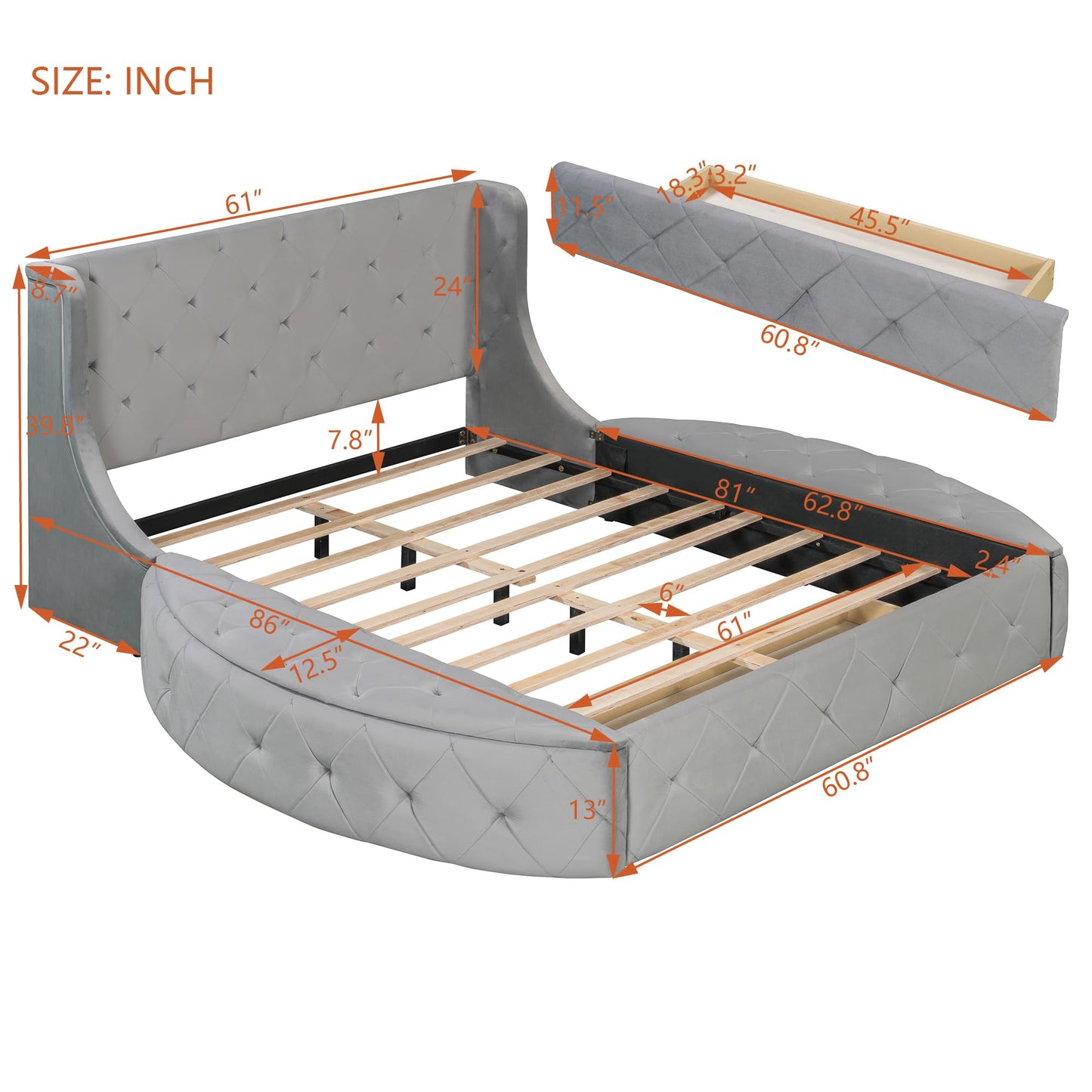 Merax Queen Size Velvet Upholstered Platform Bed with Wingback Headboard, 1 Big Drawer and 2 Side Storage Stool for Bedroom, Guest Room, Wooden Slats, No Box Spring