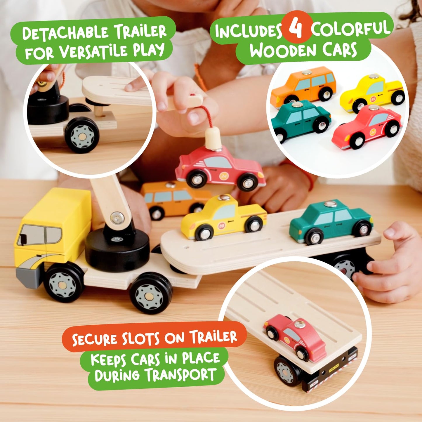 Nene Toys Magnetic Car Loader with 4 Cars and 1 Semi-Trailer Wooden Truck for Kids 2+ Year Old - Interactive Crane Wooden Toy - Vehicle Toys for Boys Girls - Educational Toy for Toddlers Ages 2+