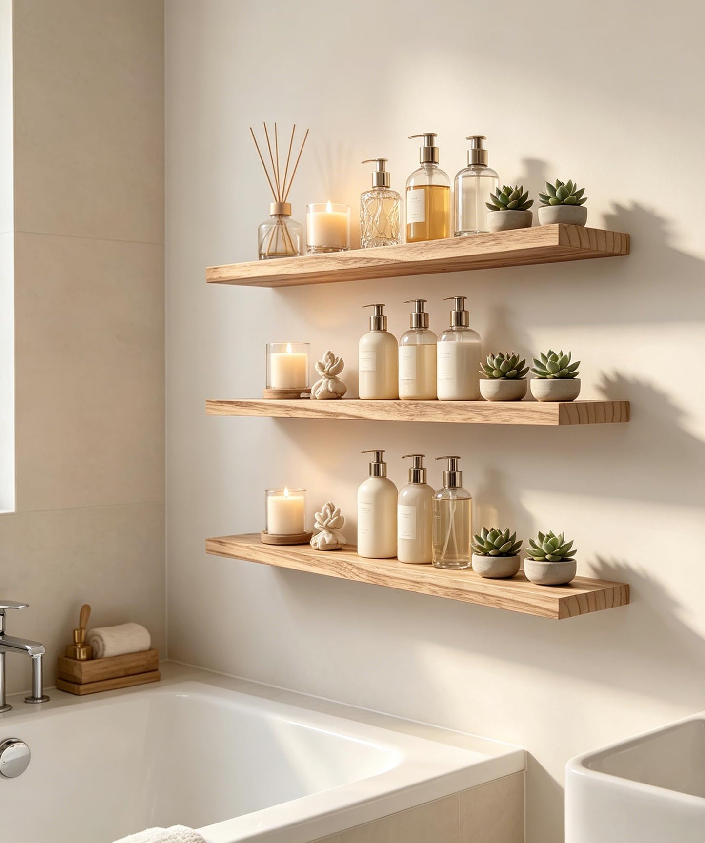 HXSWY 24 Inch Rustic Wood Floating Shelves Farmhouse Wooden Wall Shelves for Bathroom Bedroom Living Room Kitchen Office Set of 4 Light Brown