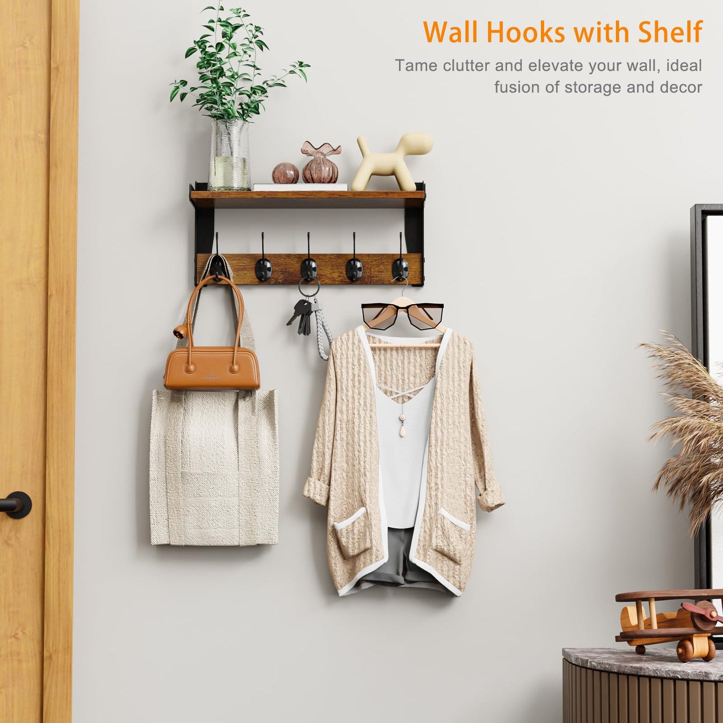 FNBAR Wall Hooks with Shelf, Wood Coat Rack with Shelf Wall-Mounted, Entryway Hanging Shelves with 5 Metal Hooks for Clothes Hats Towel Purse Robes, Bathroom Mudroom Bedroom, Rustic Brown