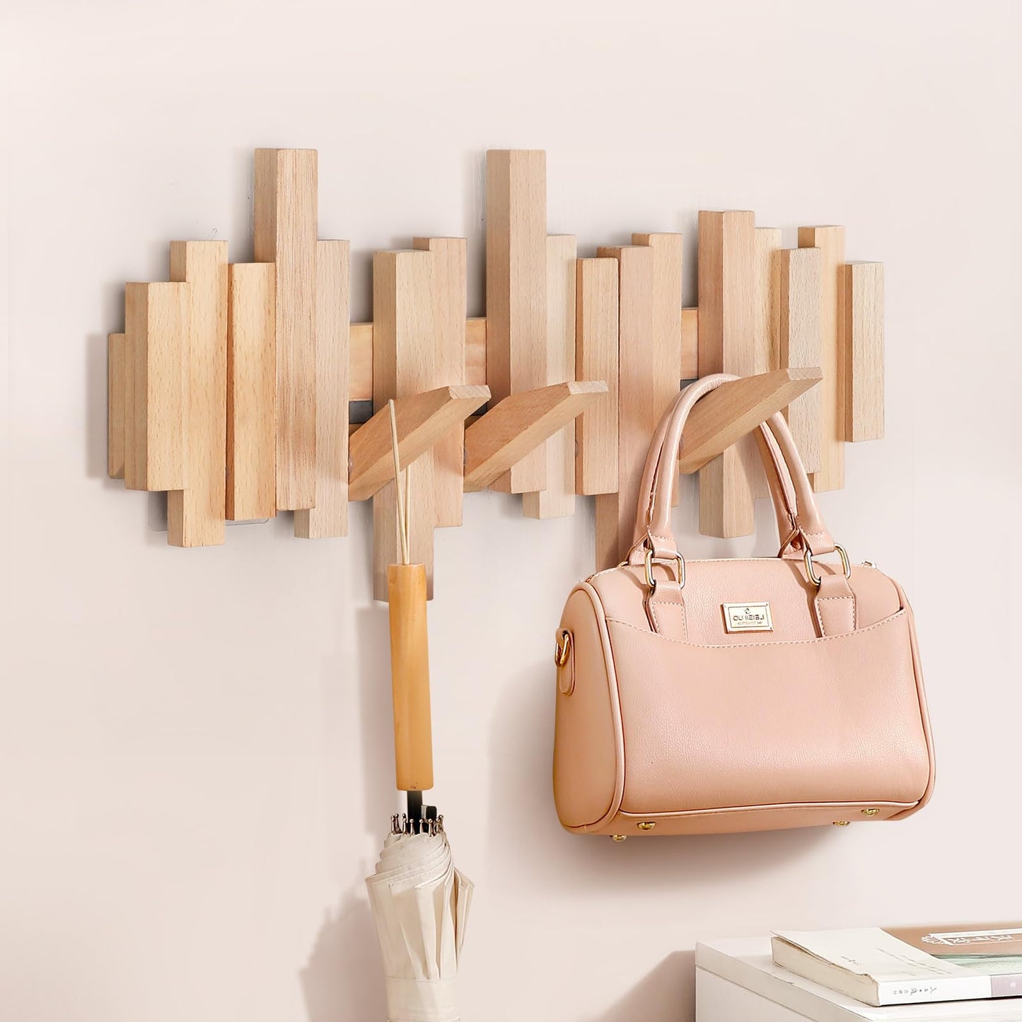 Ufine Wood Wall Mounted Coat Rack with 6 Flip-Down Hooks 16 Inch Wall Hooks for Hanging in Entryway, Bathroom, Home Office