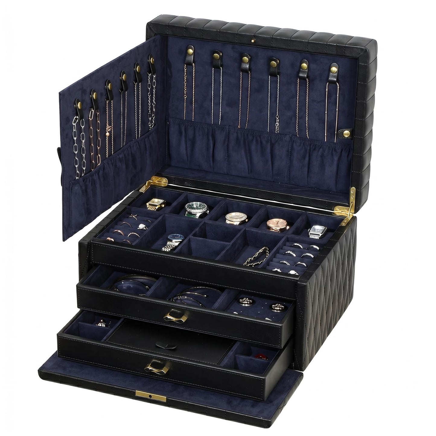 Homruilink Genuine Leather Jewelry Box - 3 Layer Large Jewelry Organizer with Mirror, Lockable Jewelry Box for Women - Necklace, Ring, Earring Organizer with Drawer - Fathers Day Gift (Black)