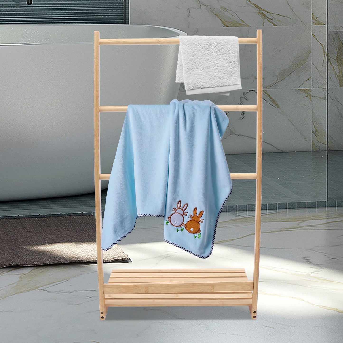 3 Tier Bamboo Towel Rack, Free-Standing Ladder Shelf with Bottom Storage Shelf, Quilt Blanket Rack Stand,Towel Ladder Storage Organizer Holder for Bathroom Home Hotel