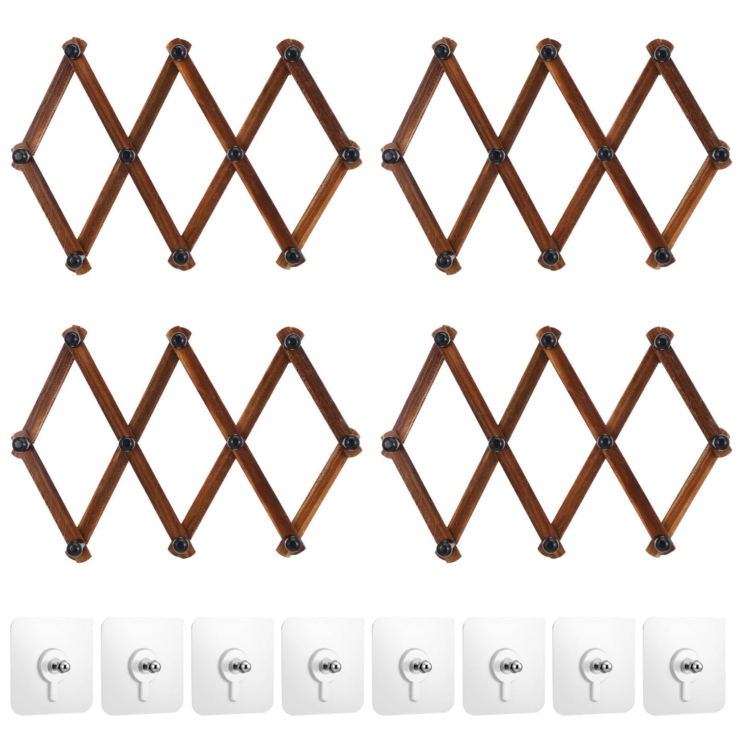 kenaeooe 4 Pcs Accordion Wall Hanger Expandable Hat Rack for Wall with 8 Peg Hooks X Shape Wooden Coat Rack for Hats, Coats, Scarves, Jackets, Purses, Keys, Mugs, Rustic Natural Wood