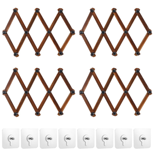 kenaeooe 4 Pcs Accordion Wall Hanger Expandable Hat Rack for Wall with 8 Peg Hooks X Shape Wooden Coat Rack for Hats, Coats, Scarves, Jackets, Purses, Keys, Mugs, Rustic Natural Wood