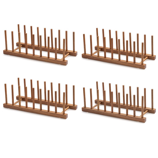 HBlife 4pcs Acacia Wooden Dish Dying Rack Pot Lid Plate Organizer Holder for Cabinet, Cutting Board Stand Drainer Storage Plate Rack for Dish, Pot Lid, Bowl, Cup, Cutting Board and Books