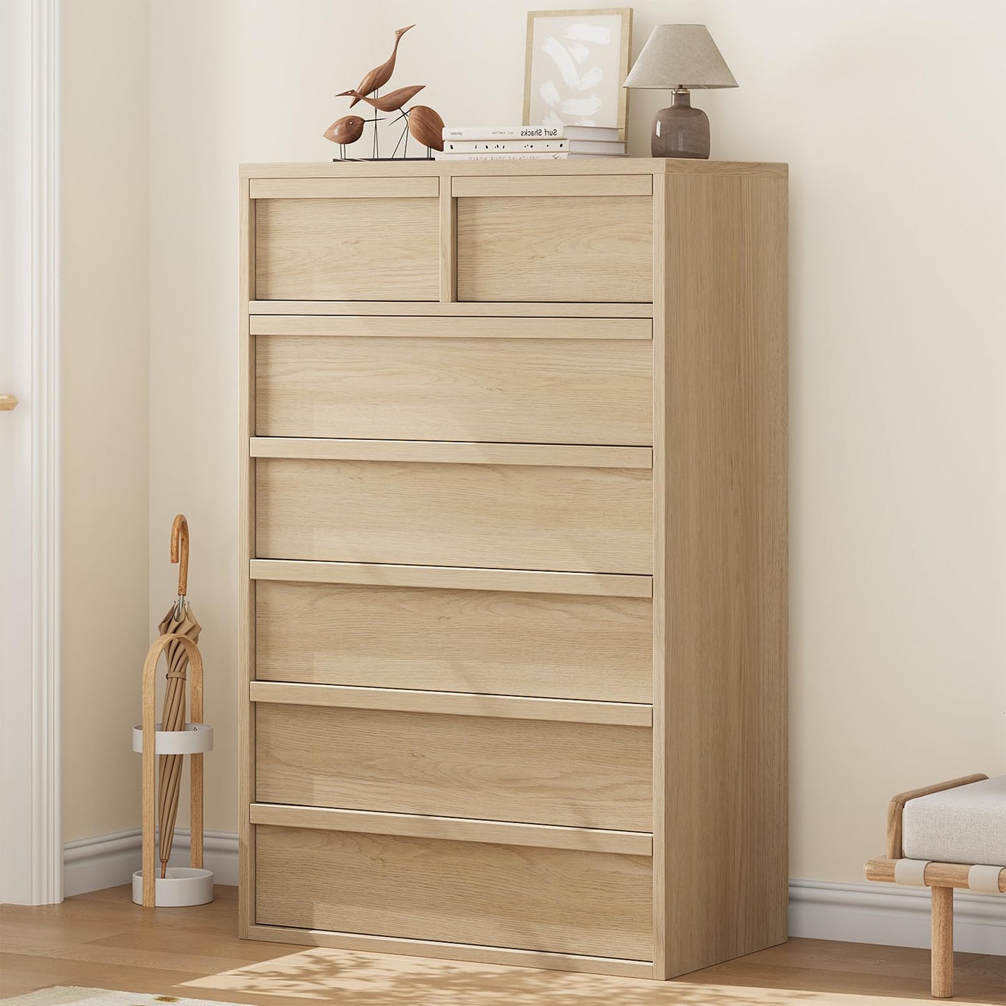 Garvee 7 Dresser for Bedroom, 46.8" Tall Dresser, Freestanding Vertical Drawer with Storage, Wooden Closet Chest Storage for Living Room, Hallway, Entryway, Natural Oak