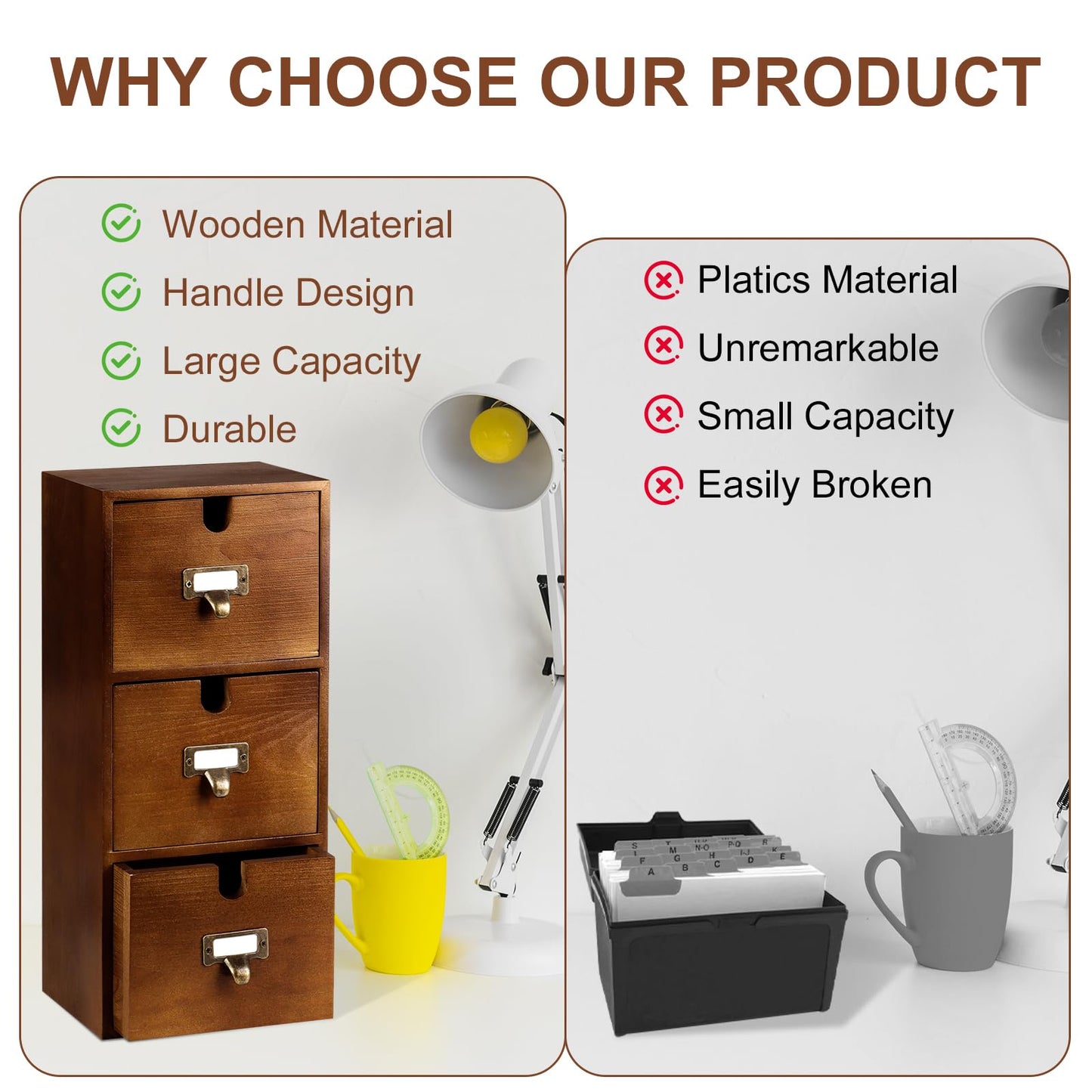 DLUGOPIS 3 Tier Index Card Holder 3x5 Wooden Card Catalog Box with 3 Drawers Brown Index Card Storage Box Flash Card Holder 25 Index Card Dividers 2 Letter Smile Stickers for Office