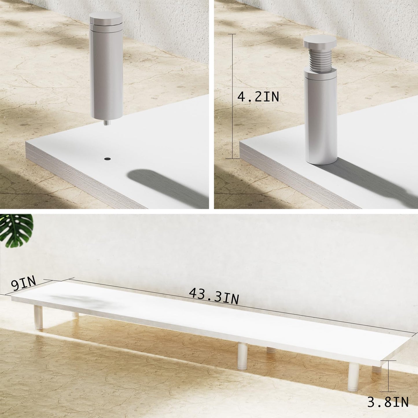 WEGASTU Large Dual Monitor Stand Riser 43.3IN，White Home Office Storage For Desk Accessories，Solid Wod Desk With Adjustable Legs For computer/PC/Laptop/Printer/Container/dressing table