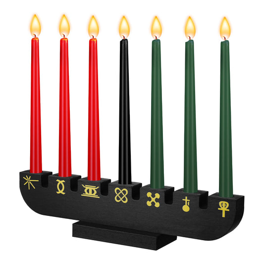 Bucherry Wooden Kwanzaa Decor Handmade Wooden Kinara with Gold Kwanzaa Letters Double Sided Celebration for Home Decor(Black)